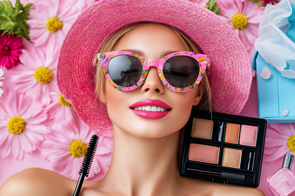 Mujer con pamela y gafas de sol junto a una paleta de maquillaje