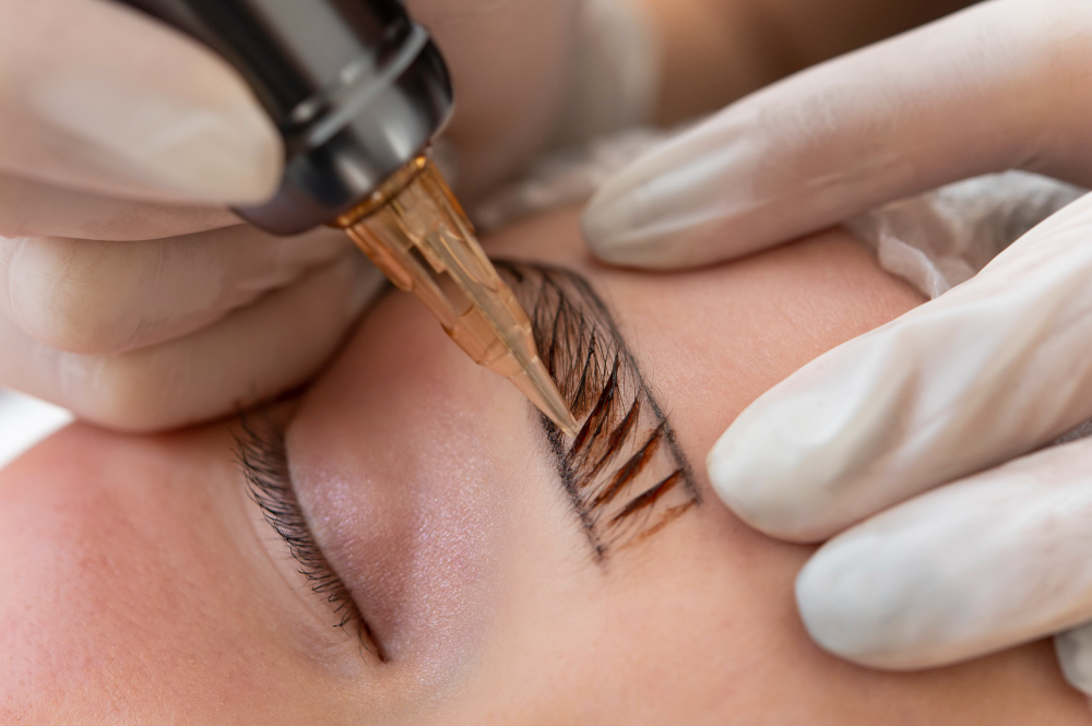 Profesional realizando un microblading en la ceja de una clienta