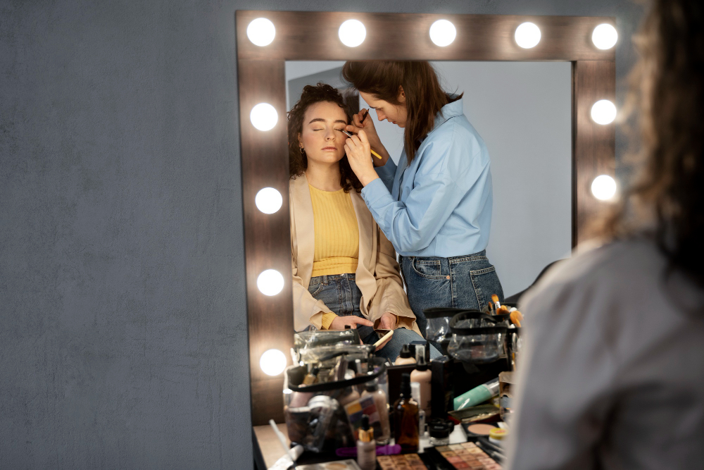 Maquilladora preparando a una presentadora ante el espejo del camerino