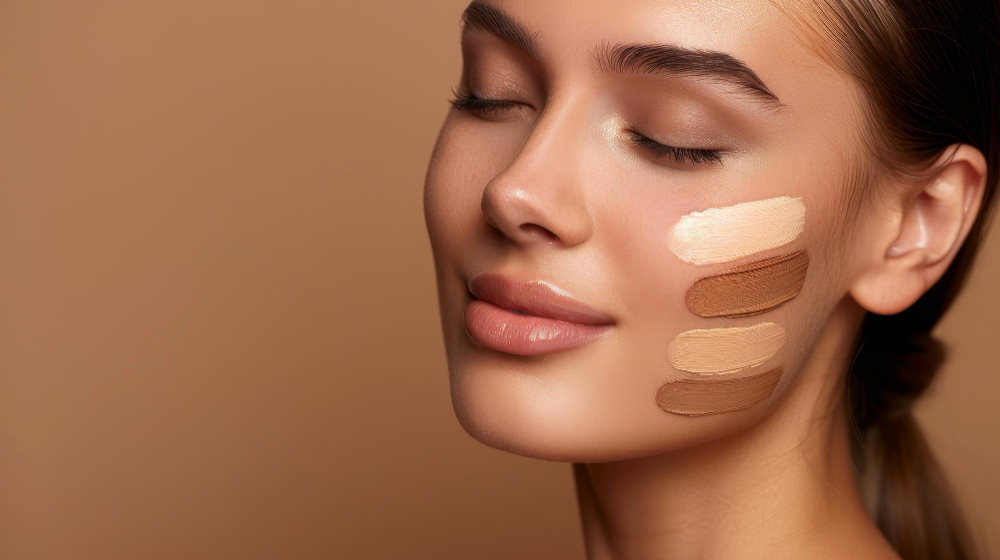 Rostro con muestras de crema BB y CC aplicadas en la mejilla
