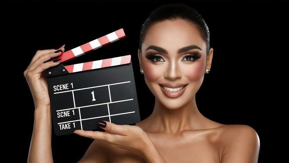 Mujer maquillada sujetando una claqueta de cine