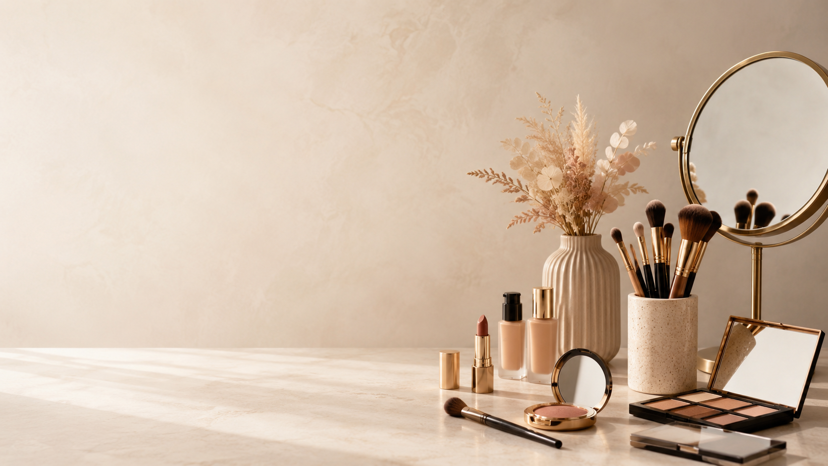 Mesa de maquillaje con brochas, espejo y productos preparados