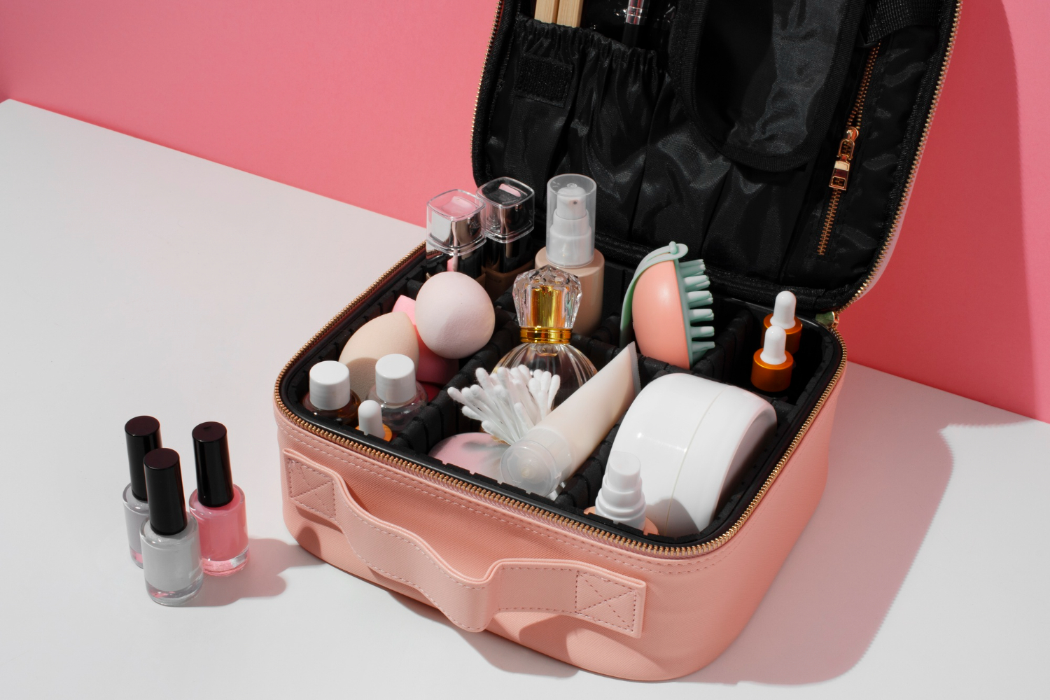 Neceser abierto con productos de maquillaje y esmaltes